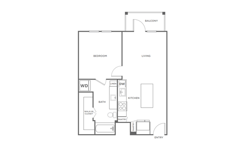 Floor plan for 1 bed, 1 bath, 672 sqft
